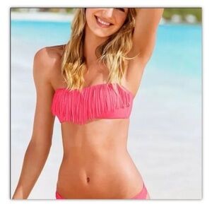 VICTORIA'S SECRET Bikini Top Large Neon Pink Fringe Swimwear